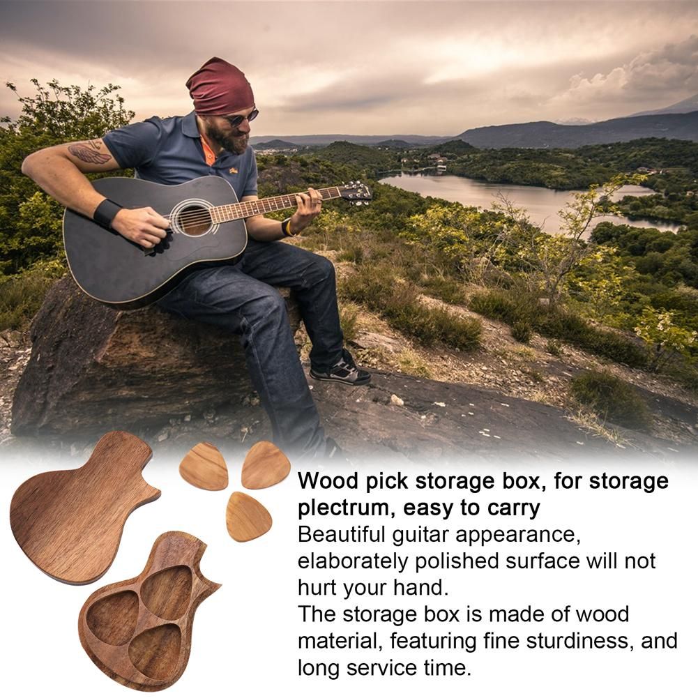 Delicate Wooden Guitar Pick Box Novel Guitar-shape Plectrum Storage Holder Box with Wood Guitar Accessories 2 Optionals
