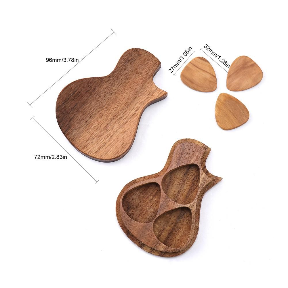 Delicate Wooden Guitar Pick Box Novel Guitar-shape Plectrum Storage Holder Box with Wood Guitar Accessories 2 Optionals