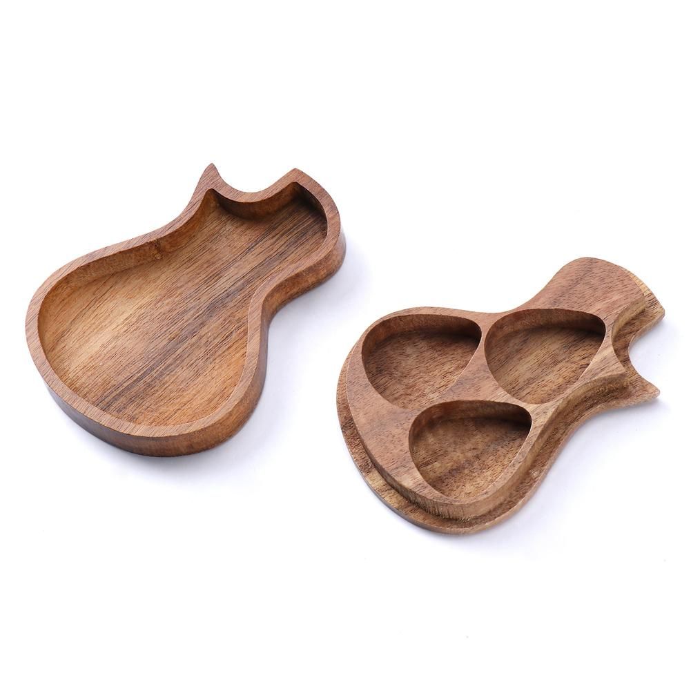 Delicate Wooden Guitar Pick Box Novel Guitar-shape Plectrum Storage Holder Box with Wood Guitar Accessories 2 Optionals