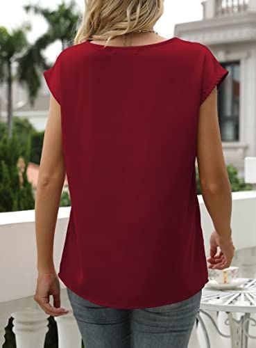 Red Cap Short Sleeve Satin Women's  Top V-neck Silk Shirt Ladies Blouse Loose Fit Shirt