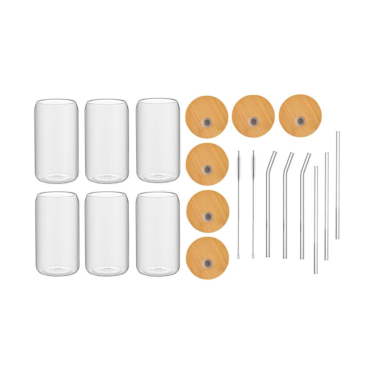 6Pcs Set Drinking Glasses with 6 Bamboo Lids and 6 Glass Straws 16Oz Can Shaped Glass Cup Clear Iced Coffee Cup