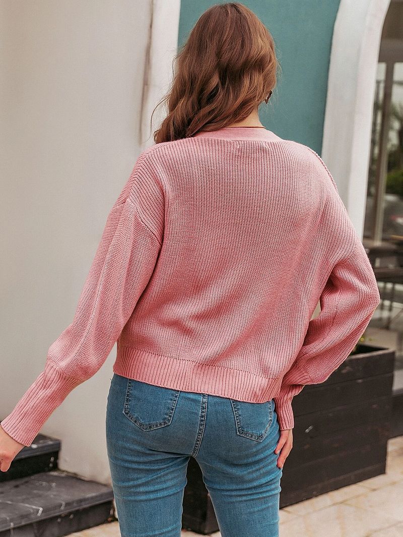 Women's Classic Casual Crew Neck Short Knitted Sweaters - Blush Red