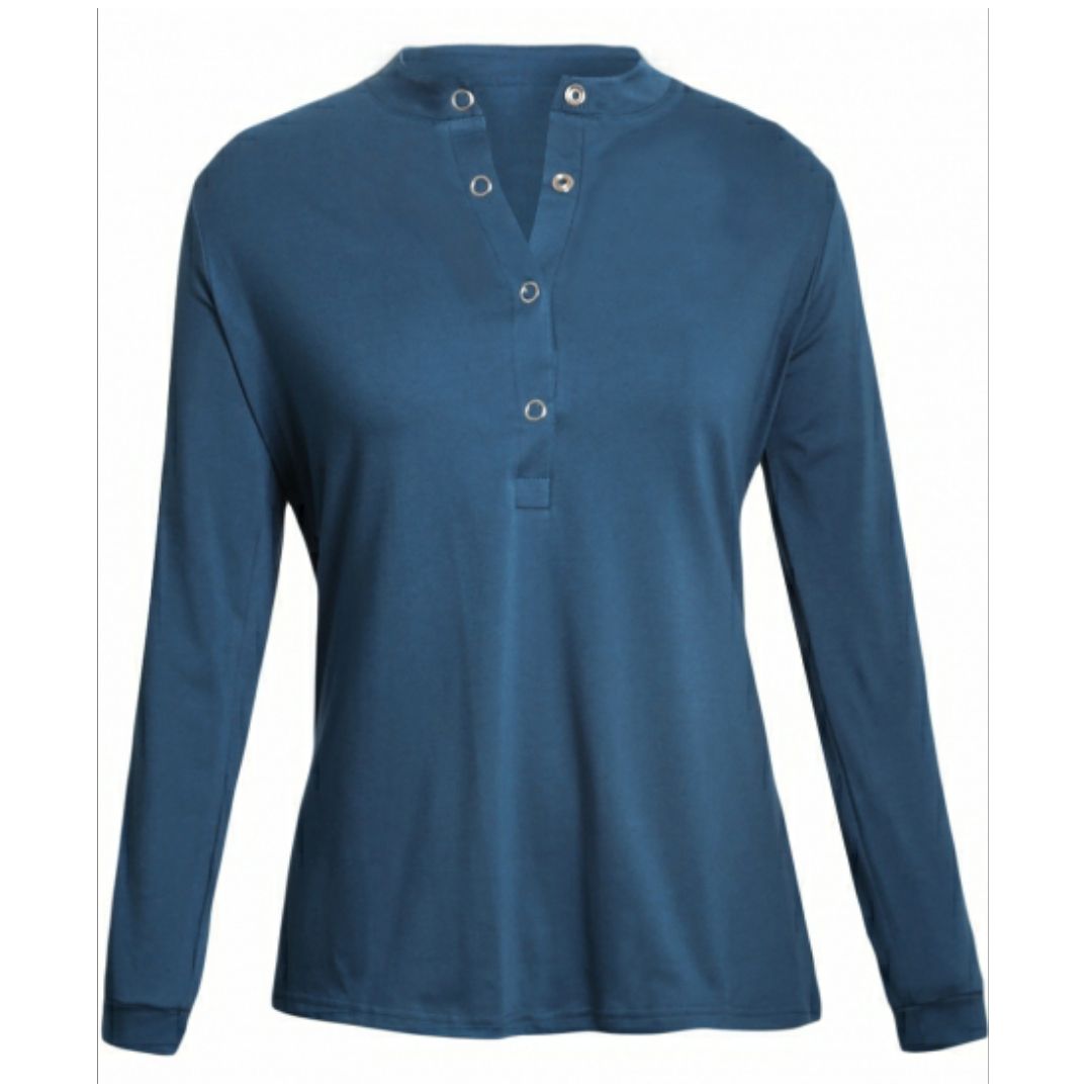 Mfed Blue Snap Button Neck Long Sleeve Tunic