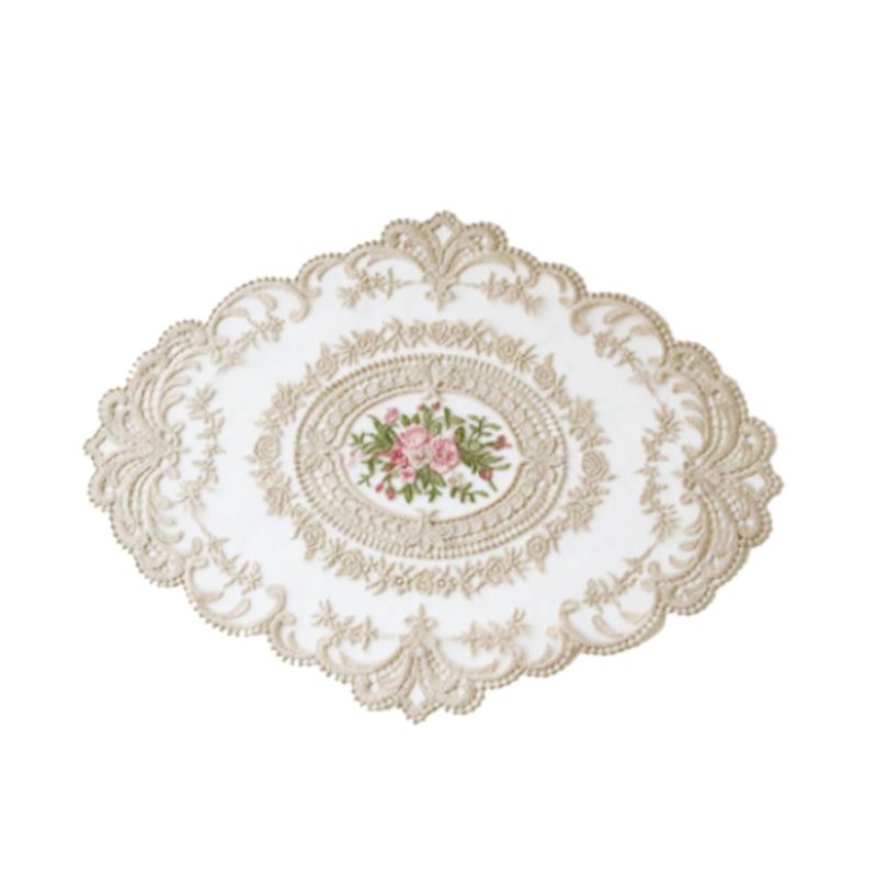 European Oval Embroidered Lace Fabric Transparent Placemat
