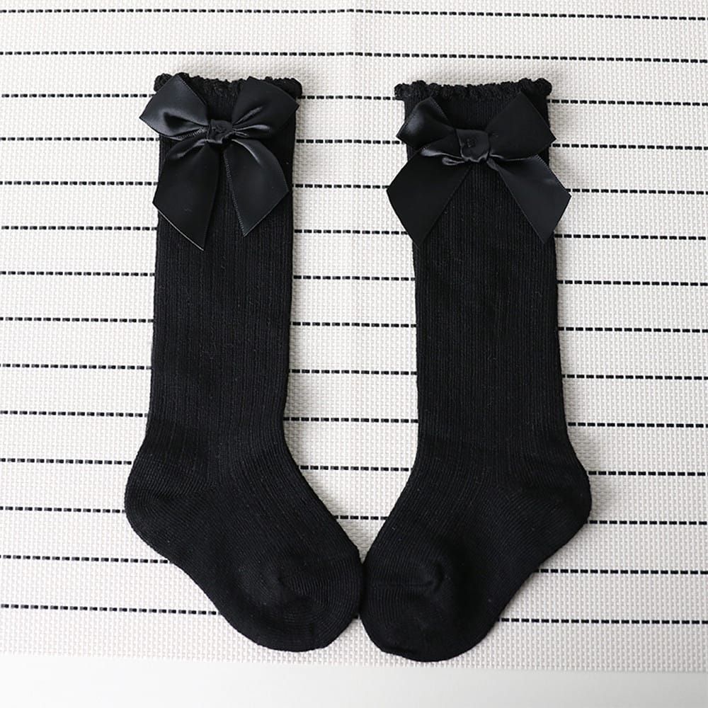 Girl Fashionable Knee Bow Socks - Thick Solid Design - Black