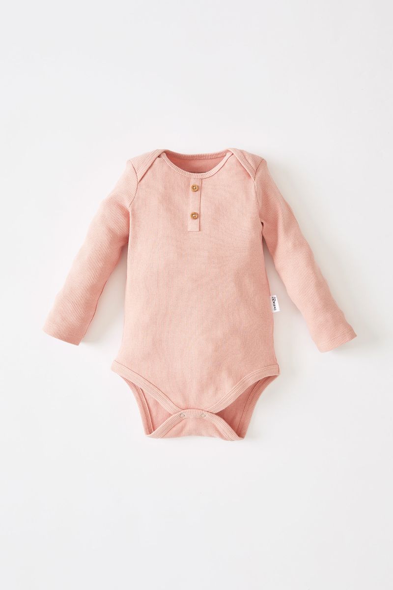 BabyGirl - Regular Fit Button Neck Knitted Long Sleeve Snap Body - Pink