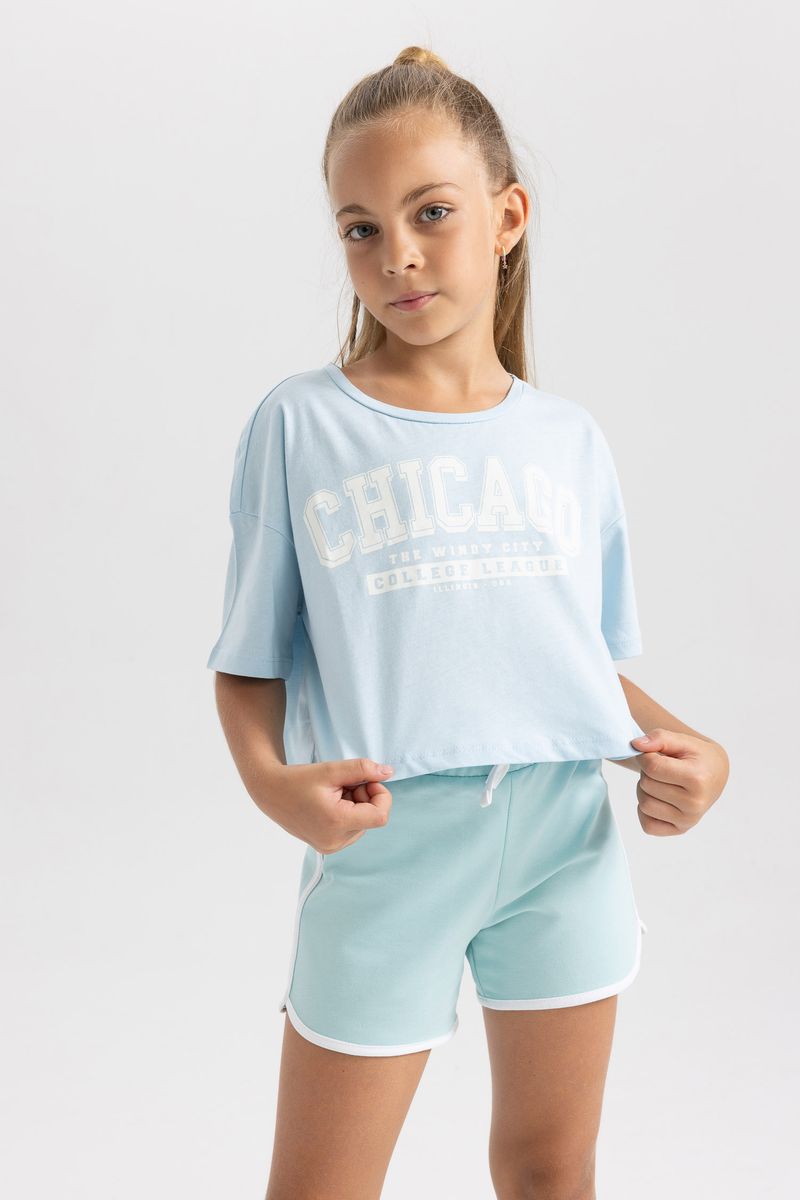 2 Piece Girl Casual Crop-Standart Fit Knitted Short Sleeve Body - Blue