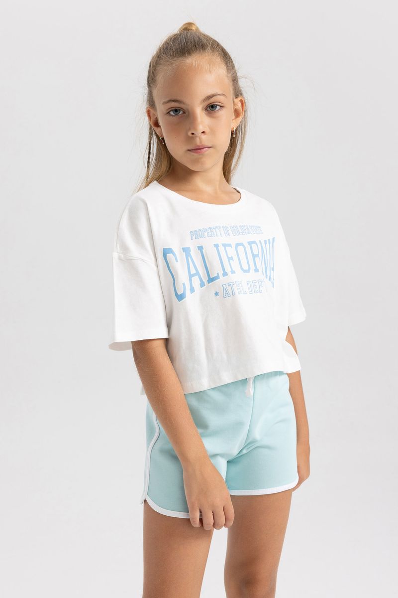 2 Piece Girl Casual Crop-Standart Fit Knitted Short Sleeve Body - Blue