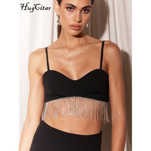 Hugcitar Solid Strap Slip Tassel Drawstrings Revealing Crop Sexy Skinny Camis