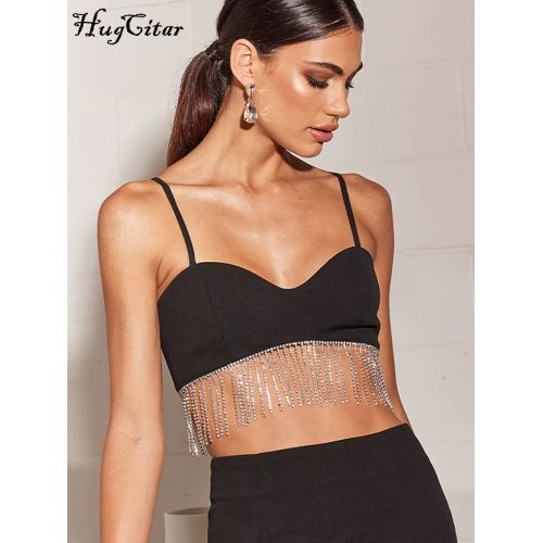 Hugcitar Solid Strap Slip Tassel Drawstrings Revealing Crop Sexy Skinny Camis