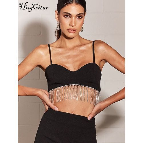 Hugcitar Solid Strap Slip Tassel Drawstrings Revealing Crop Sexy Skinny Camis