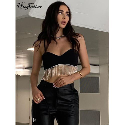 Hugcitar Solid Strap Slip Tassel Drawstrings Revealing Crop Sexy Skinny Camis