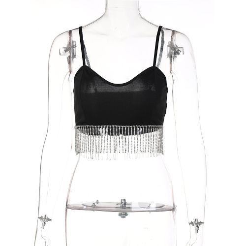 Hugcitar Solid Strap Slip Tassel Drawstrings Revealing Crop Sexy Skinny Camis