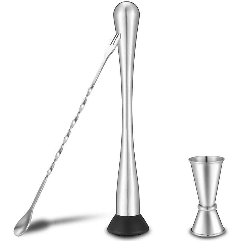 Stainless Steel Muddler for Cocktails,Mixing Spoon and Measuring Jigger,Professional Bar Tools,8-Inch Bar Muddler