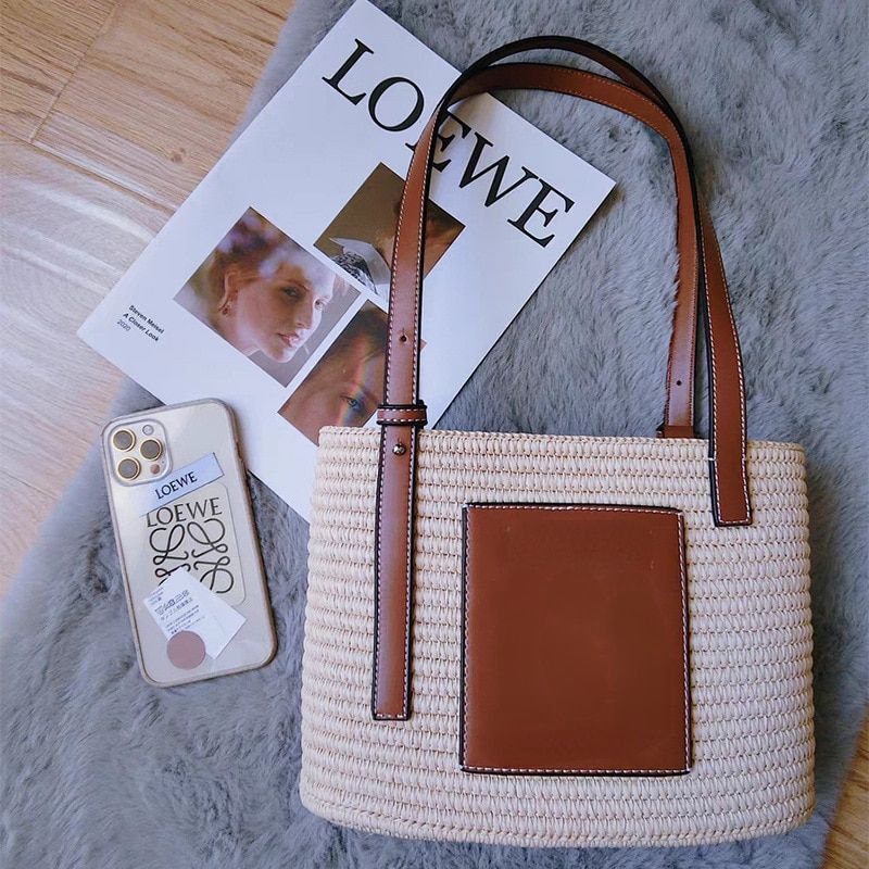 Hand-woven Luojia Straw Bag Hand Bill Shoulder Cotton Straw Bag Artificial Leather Material Bag Accessories Handles And Label