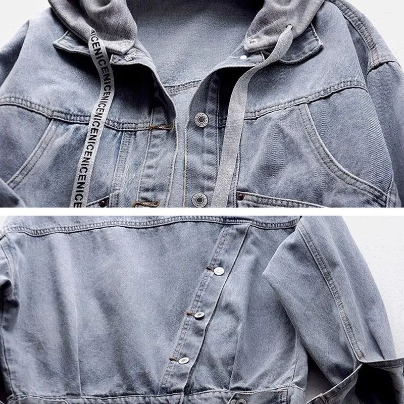 Hooded Turn-down Collar Denim Jacket
