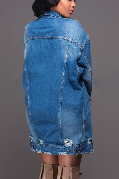 Women Mid-length Ripped Denim Trench Coat