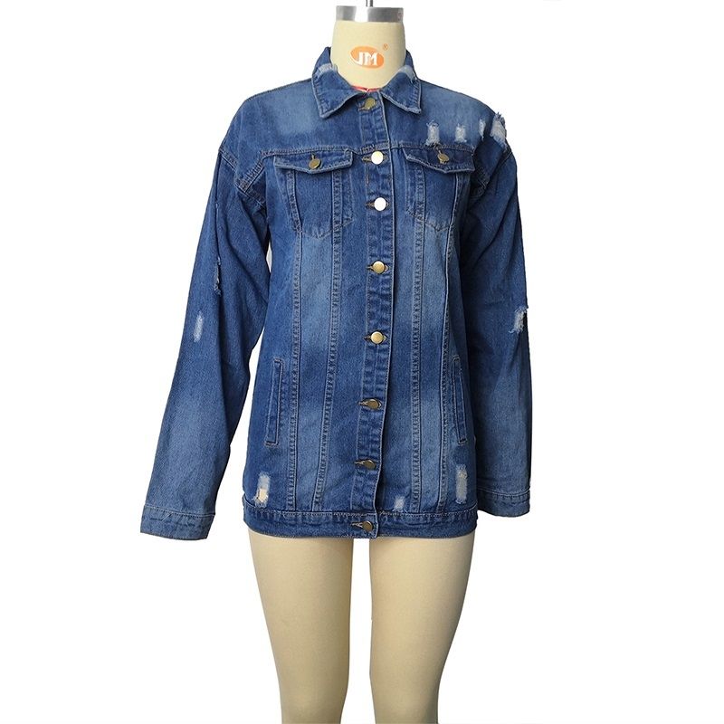 Women Mid-length Ripped Denim Trench Coat