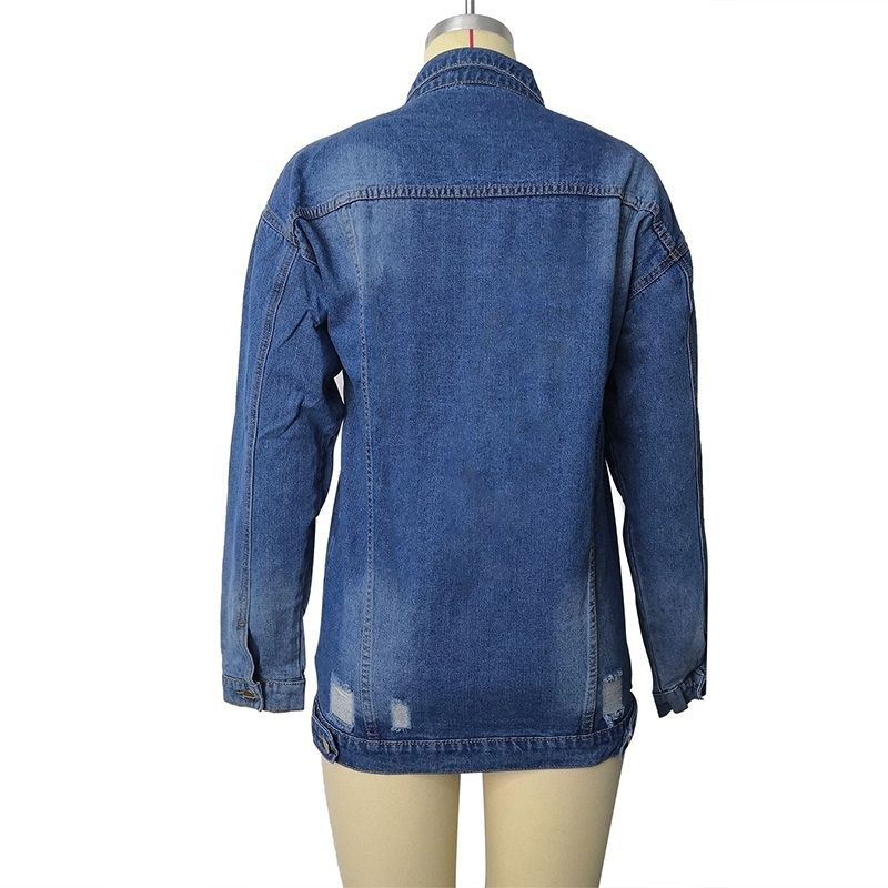 Women Mid-length Ripped Denim Trench Coat