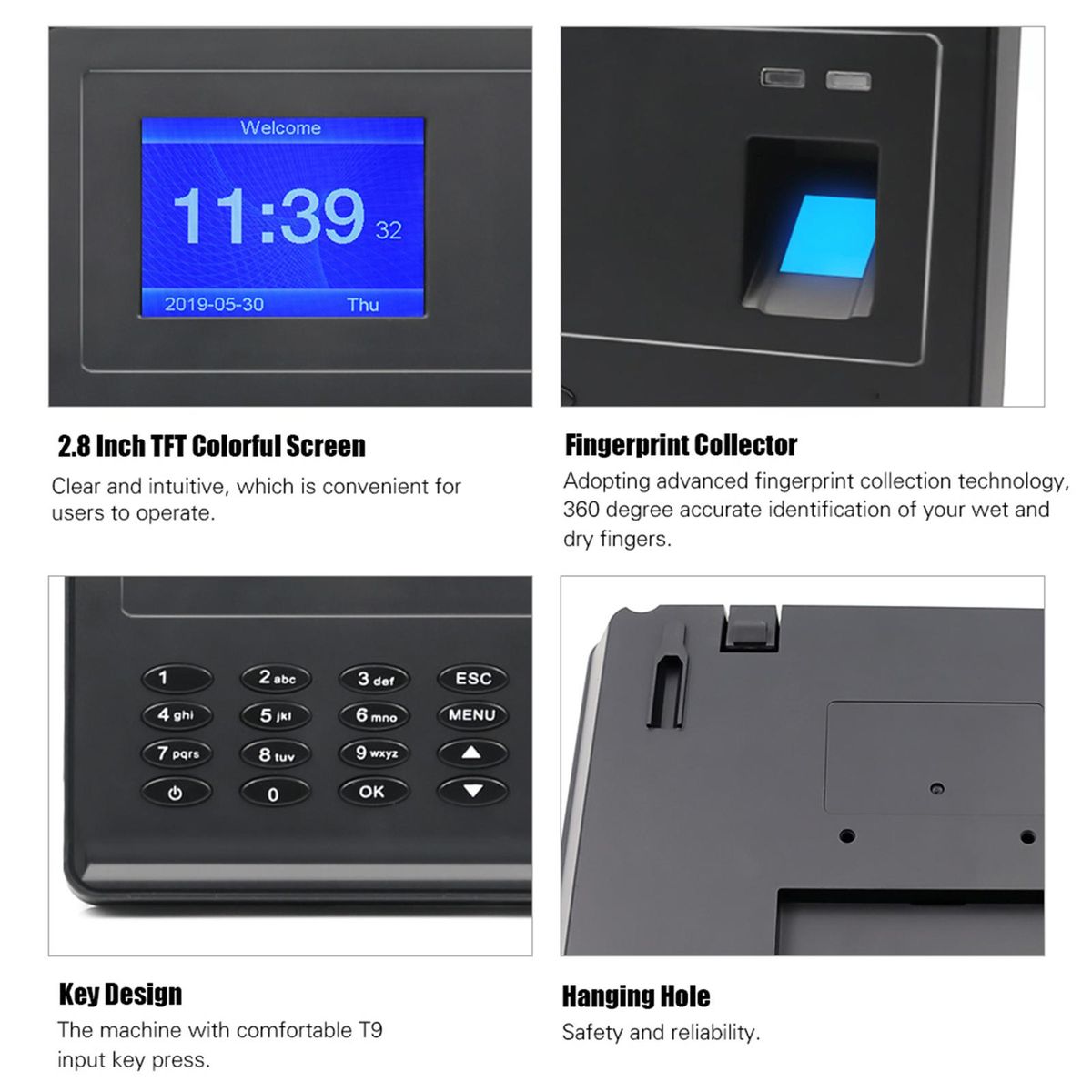 Biometric Fingerprint Password Time Attendace Machine Employee Checking-in Time Clock Recorder Reader with 2.8 Inch TFT Screen Multi-language Support USB Disk Data Download