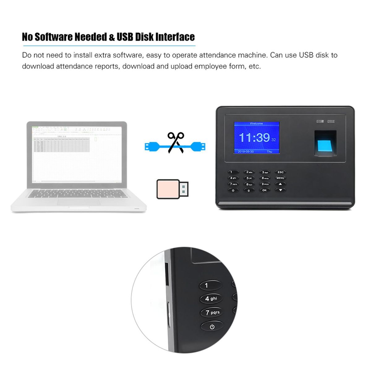 Biometric Fingerprint Password Time Attendace Machine Employee Checking-in Time Clock Recorder Reader with 2.8 Inch TFT Screen Multi-language Support USB Disk Data Download