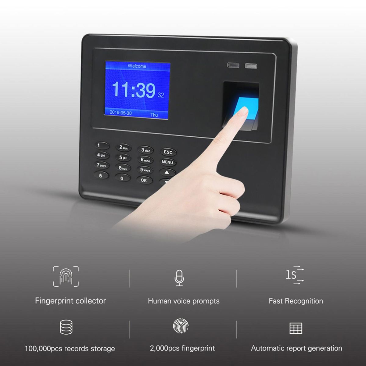 Biometric Fingerprint Password Time Attendace Machine Employee Checking-in Time Clock Recorder Reader with 2.8 Inch TFT Screen Multi-language Support USB Disk Data Download