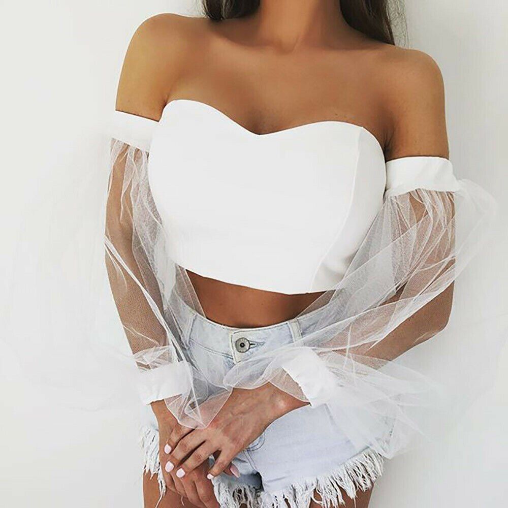 Women Sexy Off Shoulder V Neck Solid Crop S Ladies Mesh Bubble Sleeve S Camis