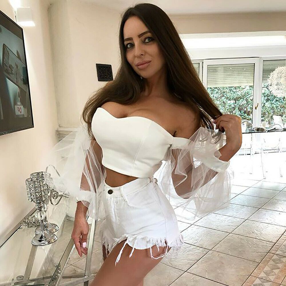 Women Sexy Off Shoulder V Neck Solid Crop S Ladies Mesh Bubble Sleeve S Camis