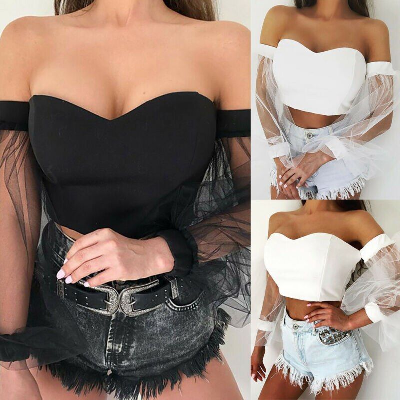 Women Sexy Off Shoulder V Neck Solid Crop S Ladies Mesh Bubble Sleeve S Camis