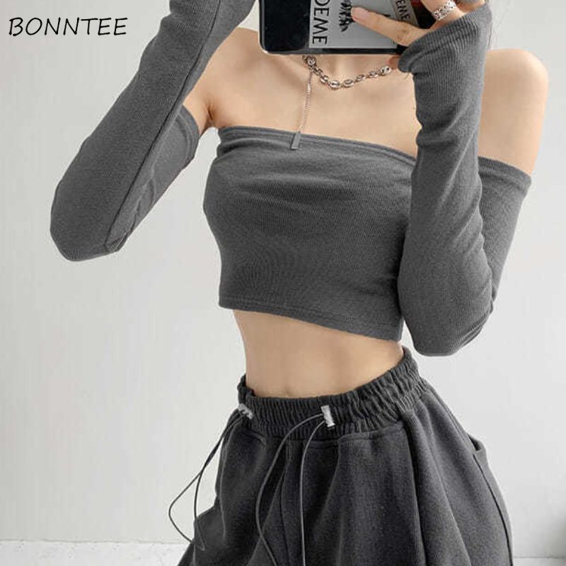 (white With Sleeve)Streetwear  Women Camis Tube Summer Skinny Crop Fashion Harajuku Removable Sleeve Feminine Hip-hop Hot Girls Club Party Jazz WEF