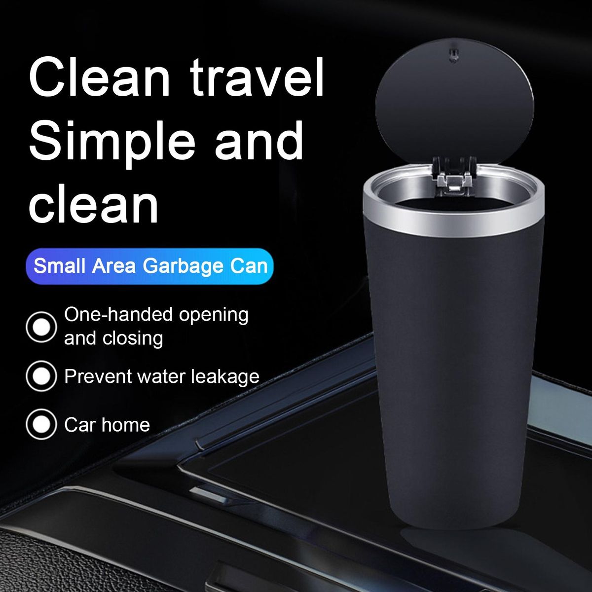Compact Car Trash Bin with Cup Holder Phone Storage Black and Silver