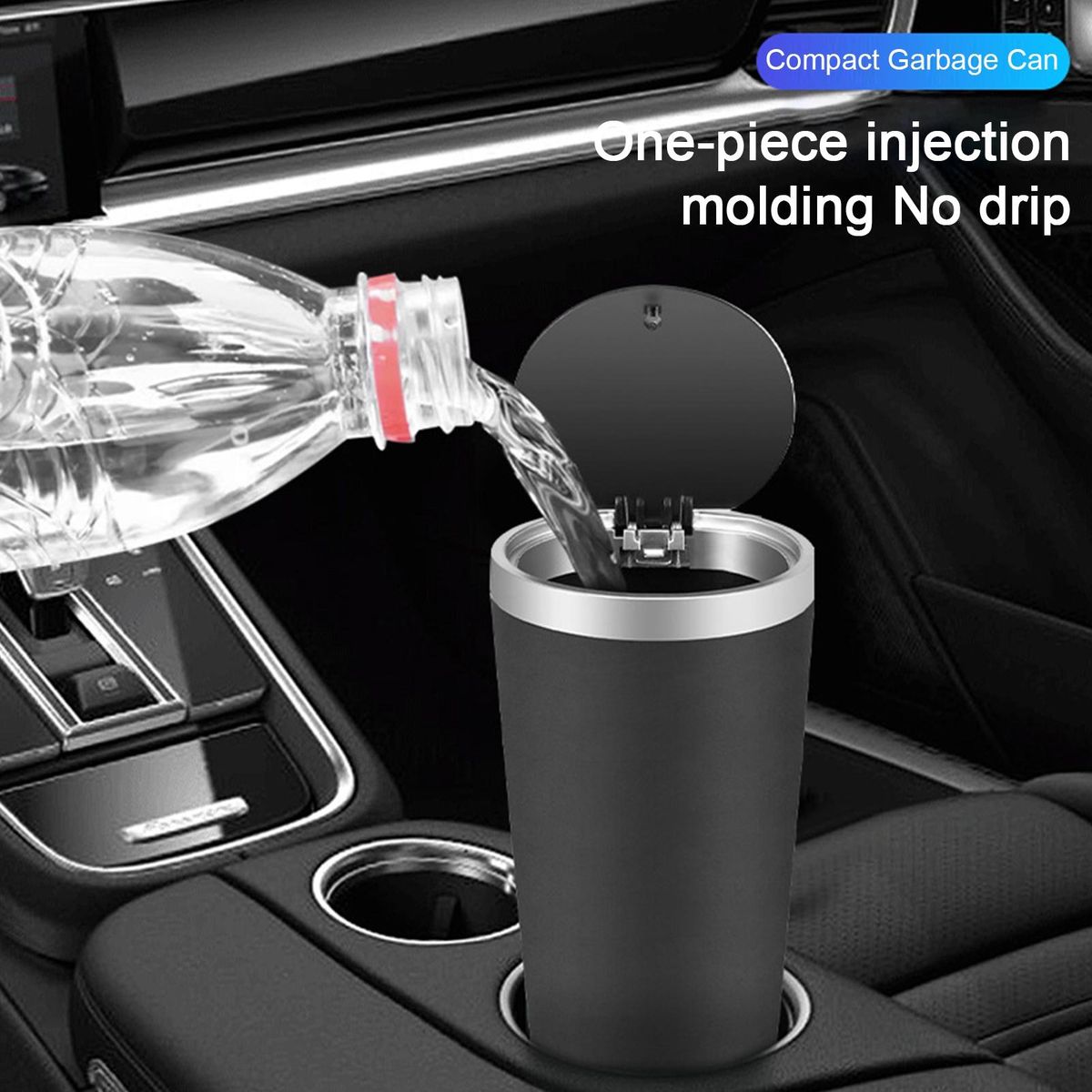 Compact Car Trash Bin with Cup Holder Phone Storage Black and Silver