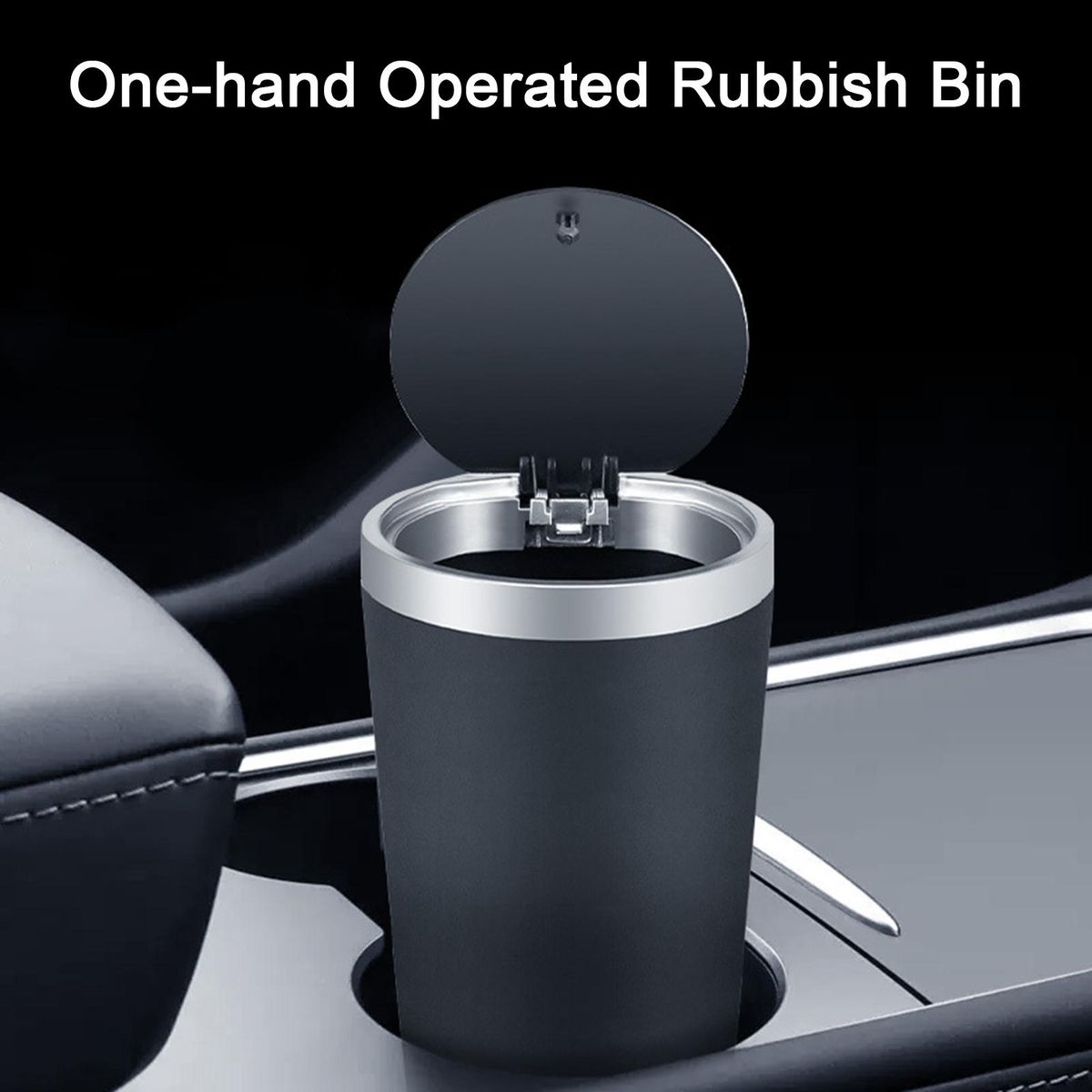 Compact Car Trash Bin with Cup Holder Phone Storage Black and Silver