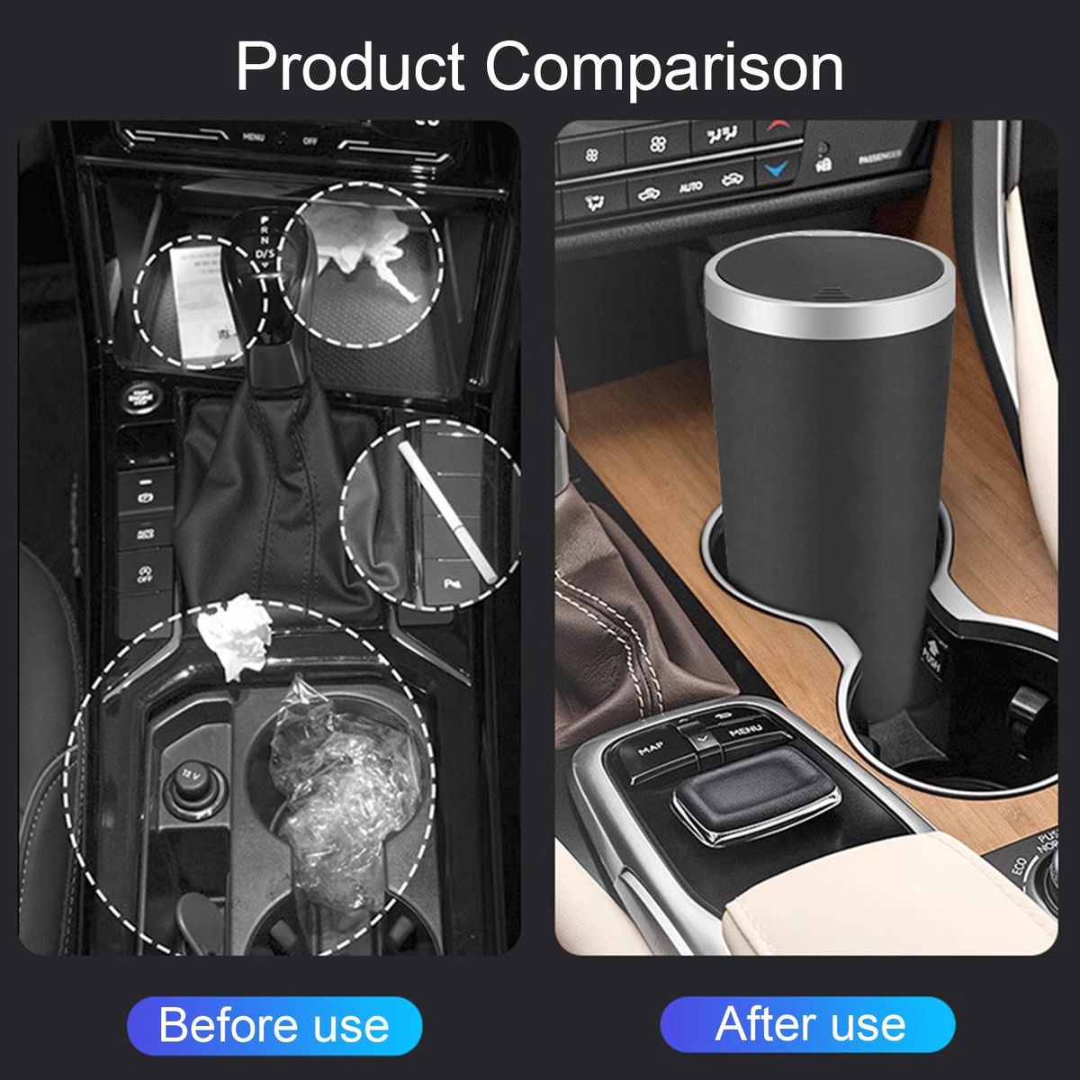 Compact Car Trash Bin with Cup Holder Phone Storage Black and Silver