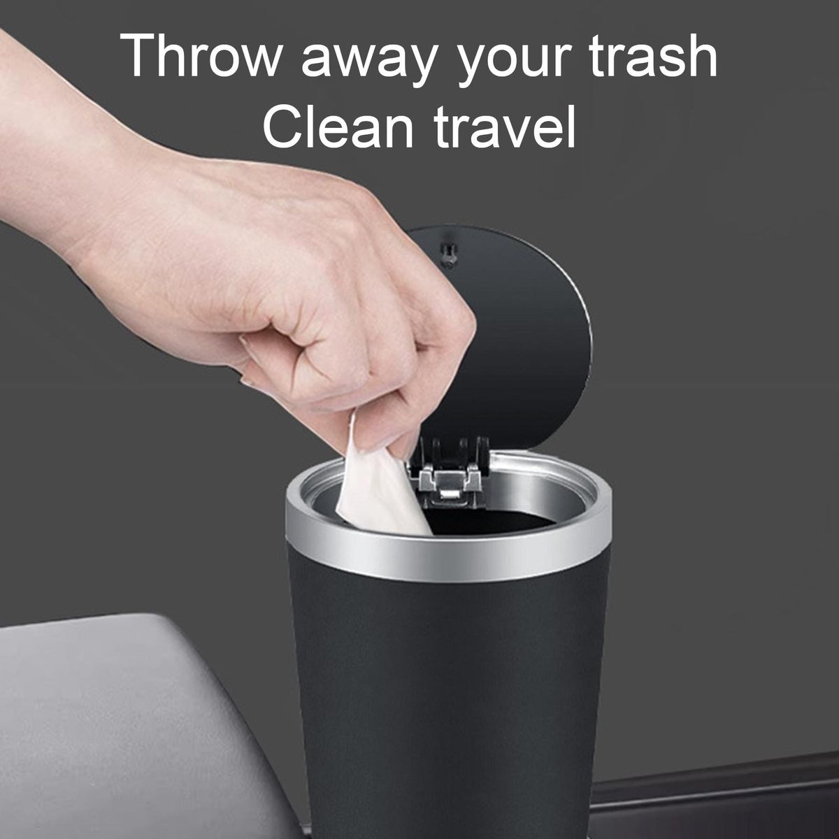 Compact Car Trash Bin with Cup Holder Phone Storage Black and Silver
