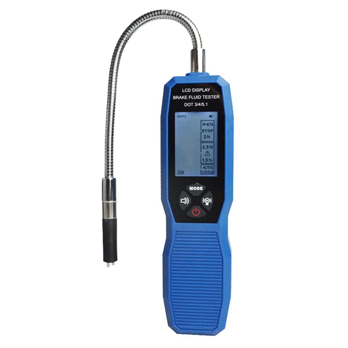 Brake Fluid Tester, LCD Display Digital Brake Fluid Tester DOT3 DOT4 DOT5.1 Tester with Sound Prompt Flexible Probe Storage Case 4 AAA Battery