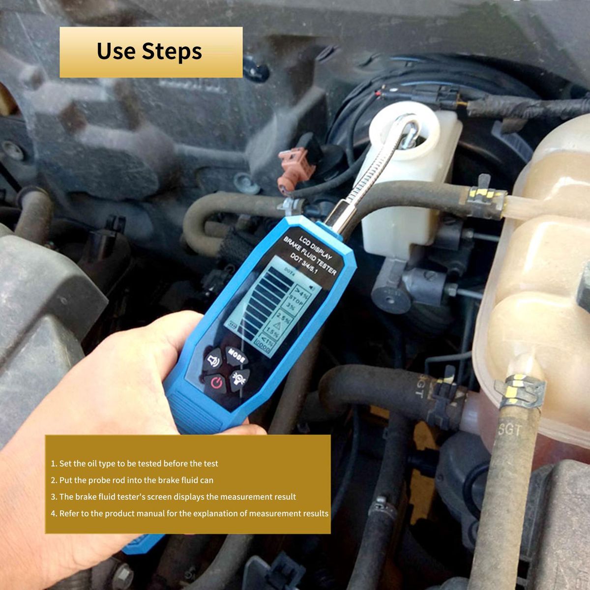 Brake Fluid Tester, LCD Display Digital Brake Fluid Tester DOT3 DOT4 DOT5.1 Tester with Sound Prompt Flexible Probe Storage Case 4 AAA Battery