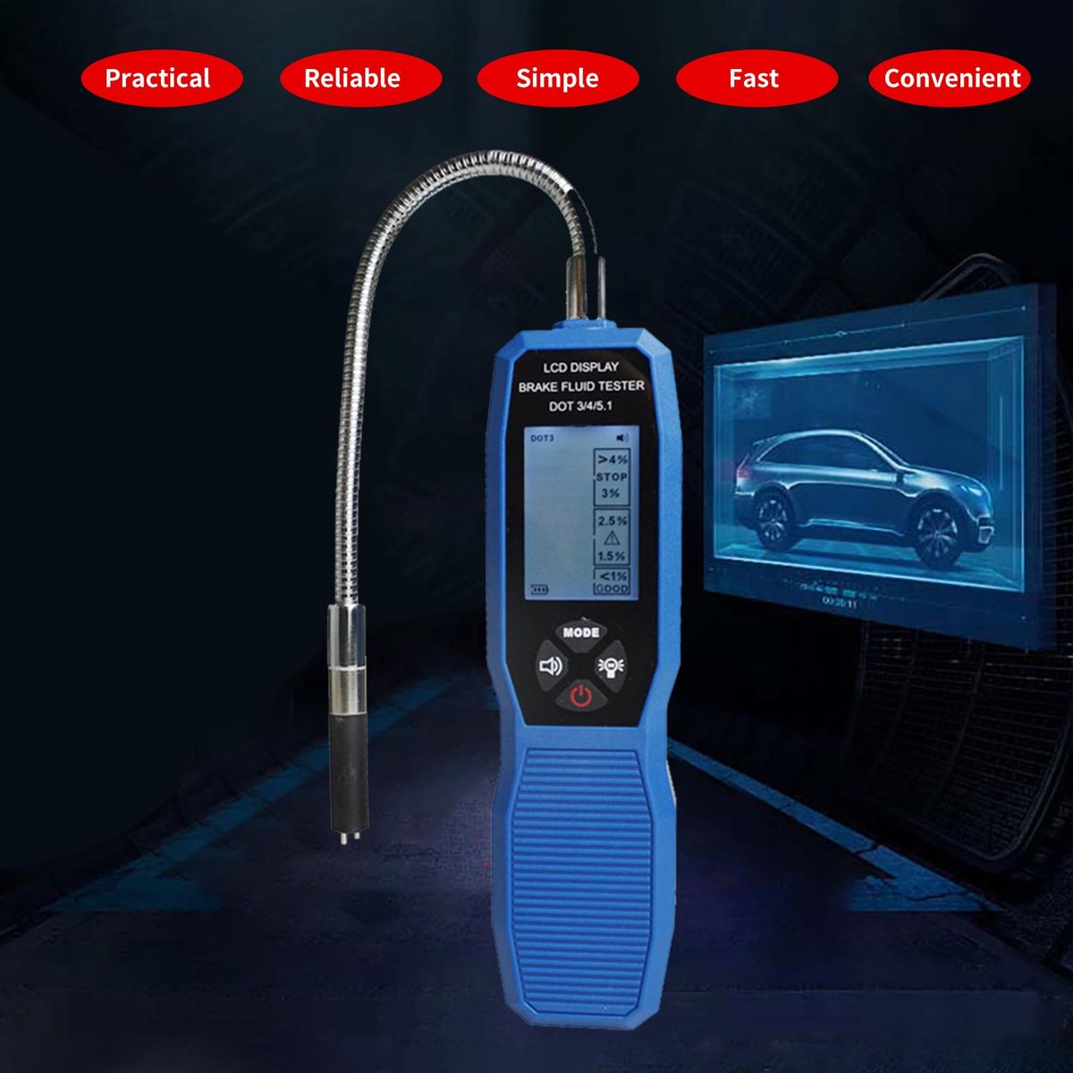 Brake Fluid Tester, LCD Display Digital Brake Fluid Tester DOT3 DOT4 DOT5.1 Tester with Sound Prompt Flexible Probe Storage Case 4 AAA Battery