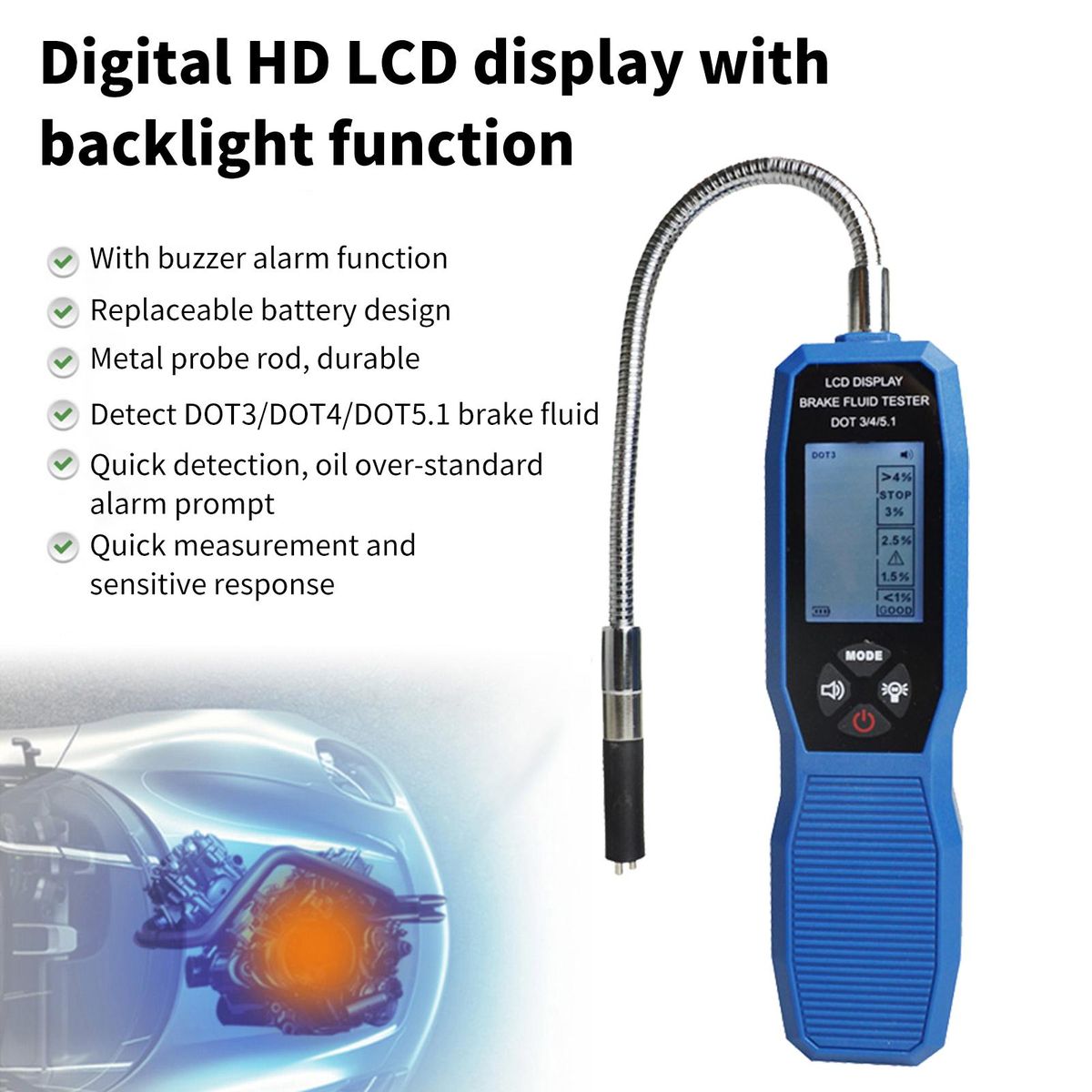 Brake Fluid Tester, LCD Display Digital Brake Fluid Tester DOT3 DOT4 DOT5.1 Tester with Sound Prompt Flexible Probe Storage Case 4 AAA Battery