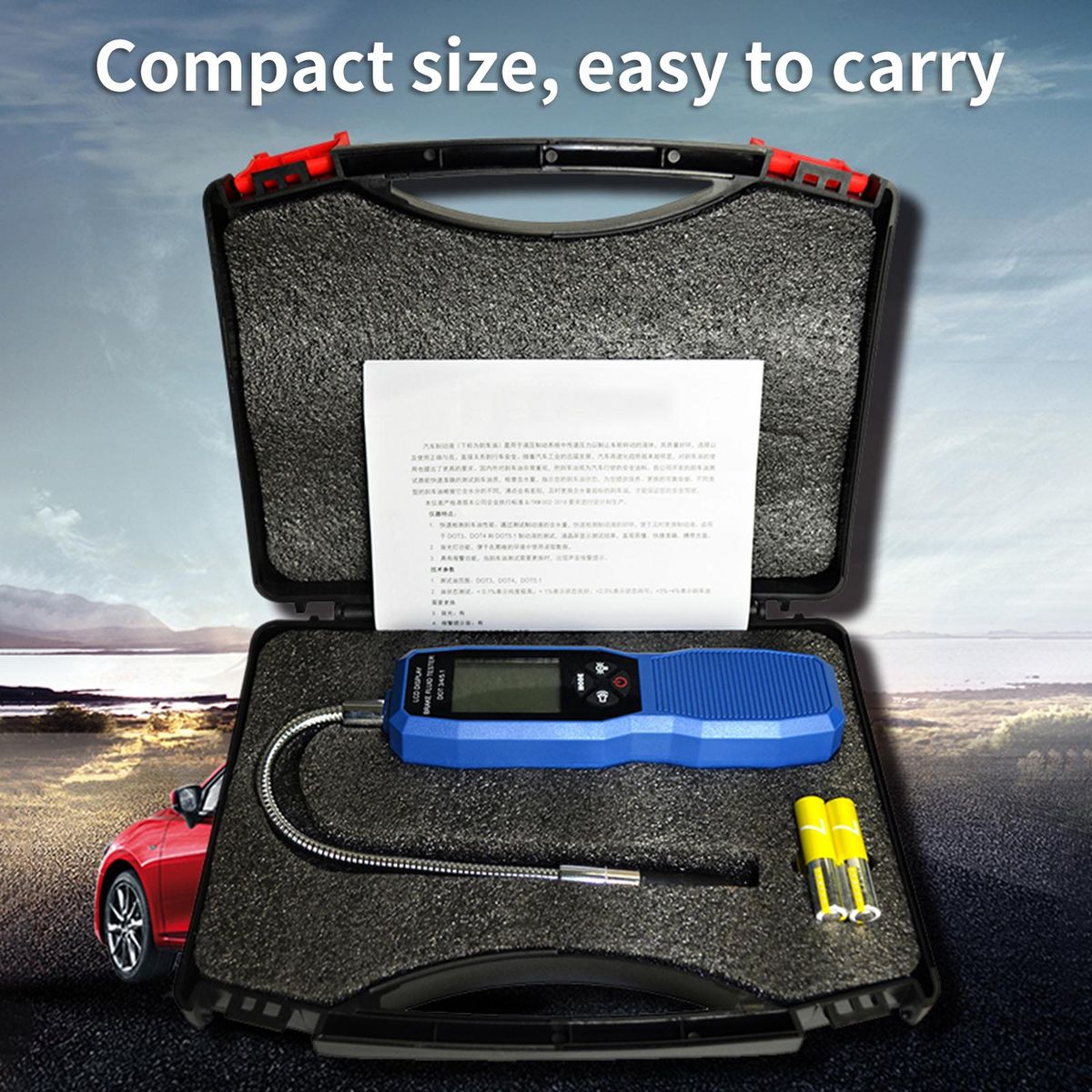Brake Fluid Tester, LCD Display Digital Brake Fluid Tester DOT3 DOT4 DOT5.1 Tester with Sound Prompt Flexible Probe Storage Case 4 AAA Battery