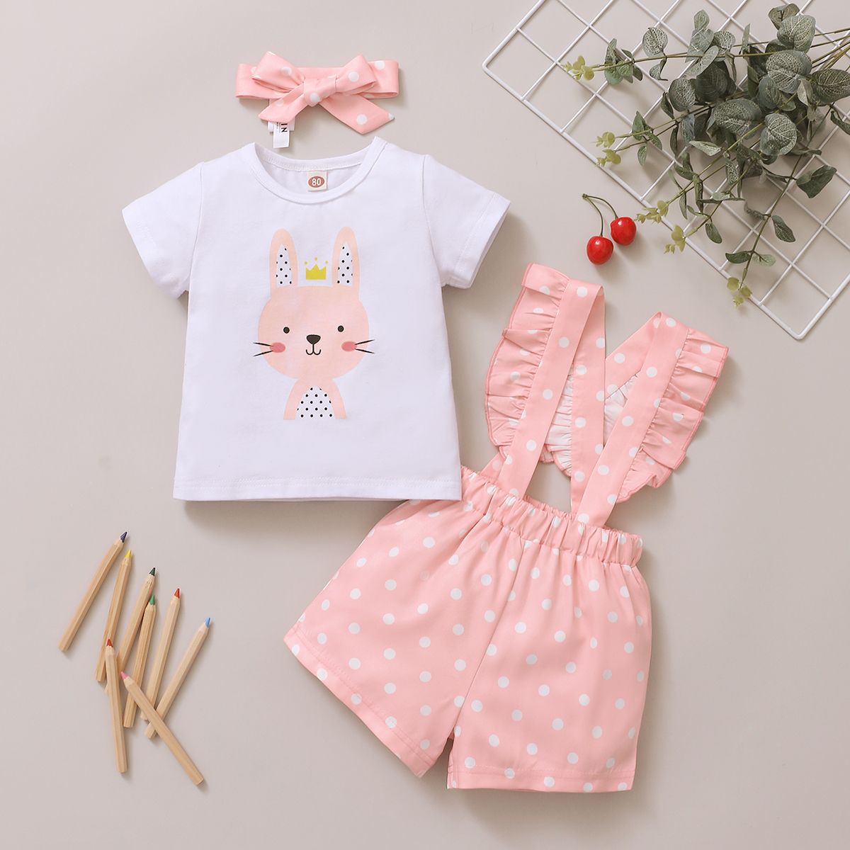 Baby Girls Cartoon Rabbit Print Short Sleeve Shirt Polka Dot Suspender Pants