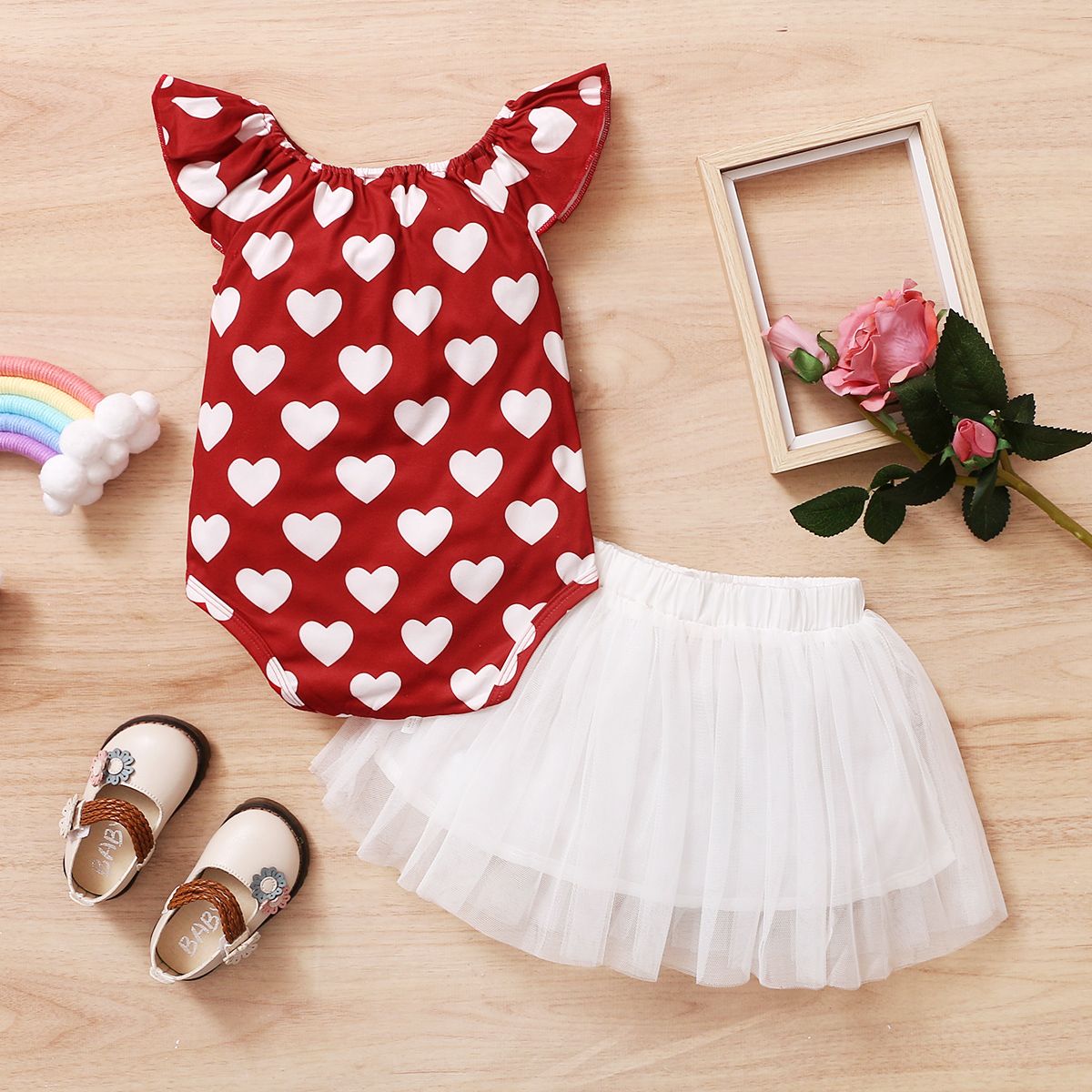 Baby Girls Summer Clothing Set Cute Hearts Design Bodysuit Tutu Skirt