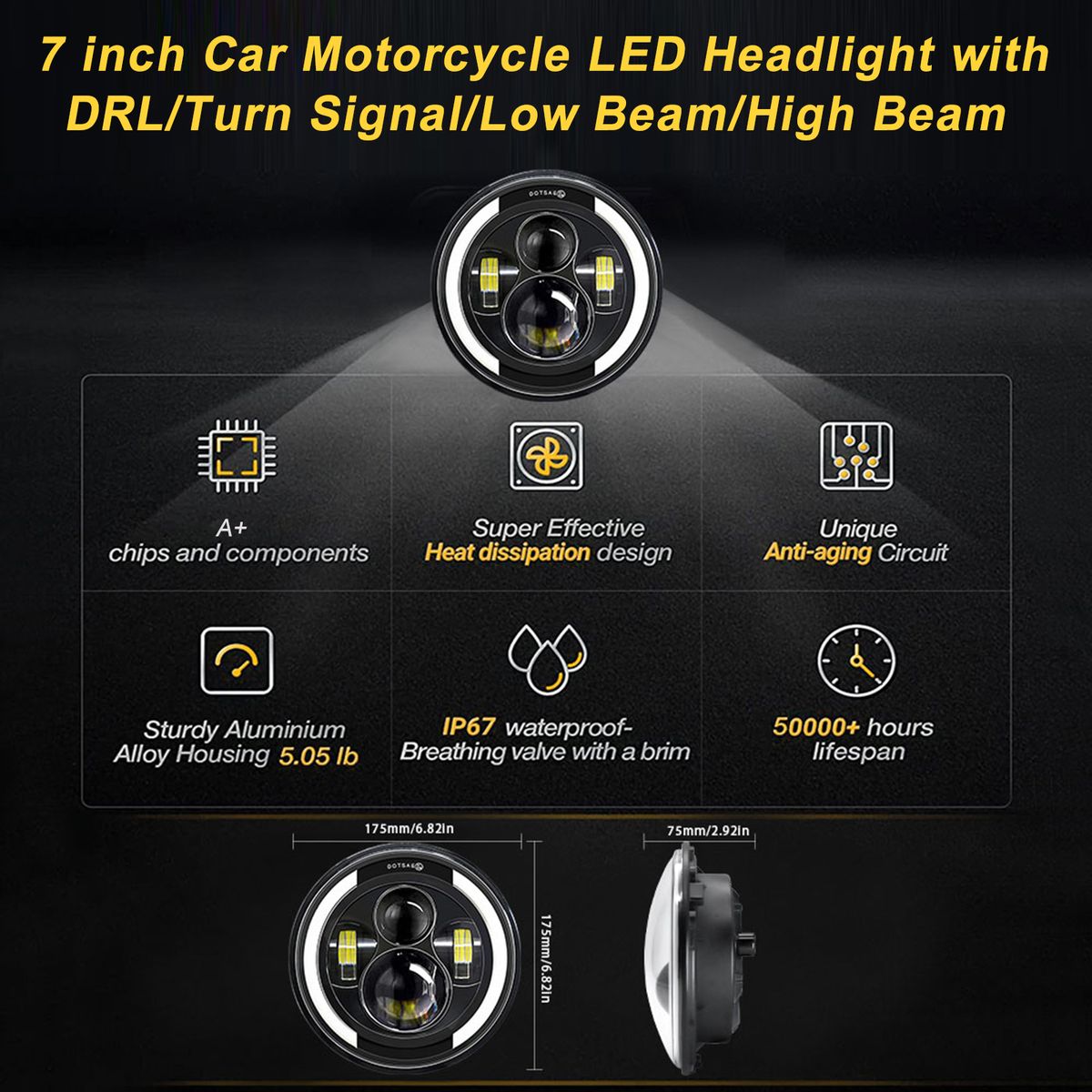 2Pcs 7 Inch Car Motorcycle LED Headlight With DRL/Turn