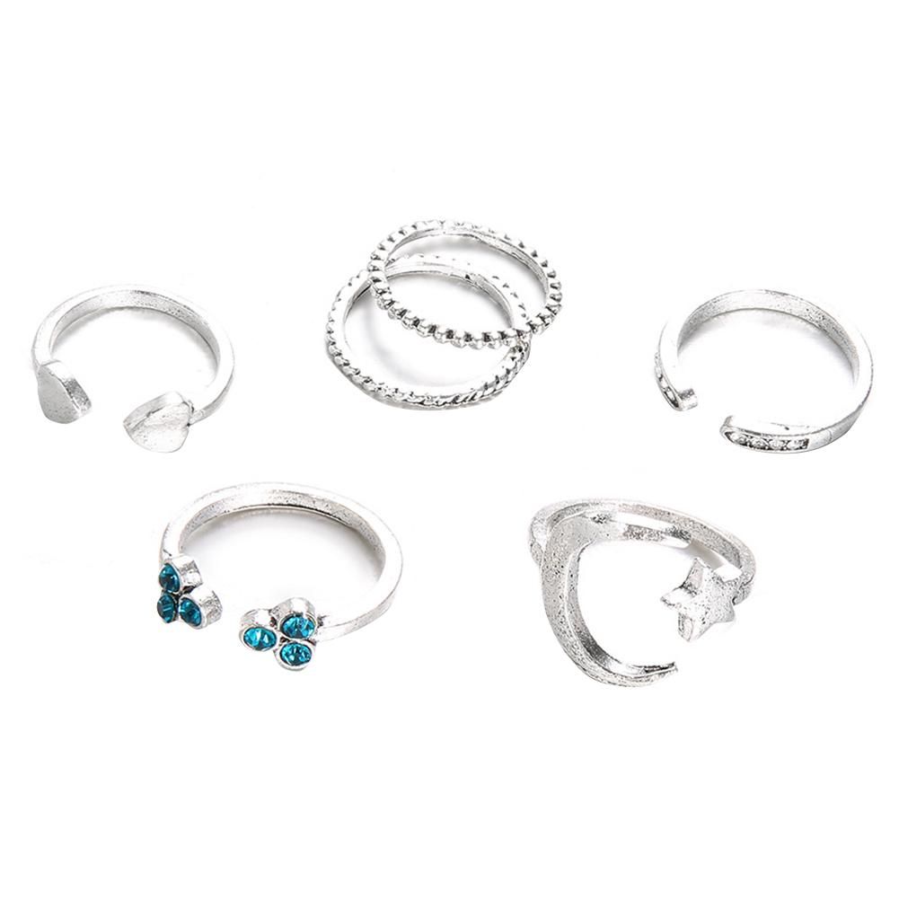 6Pcs Moon Star Heart Open Midi Knuckle Rings Set-Silver