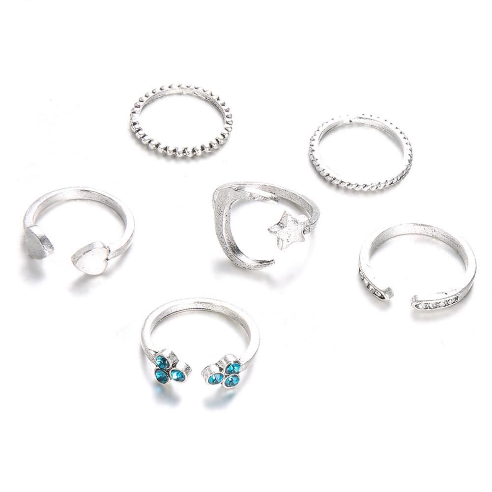 6Pcs Moon Star Heart Open Midi Knuckle Rings Set-Silver