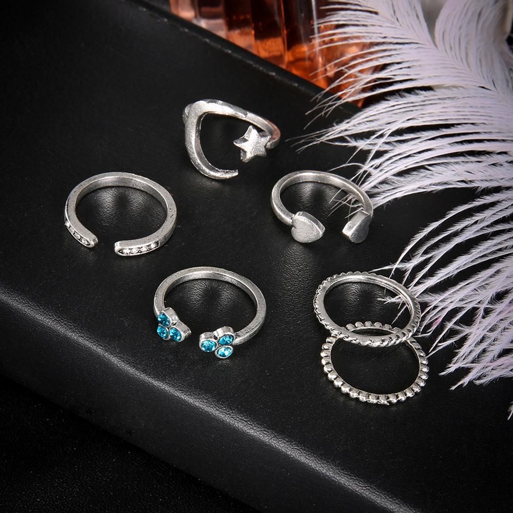 6Pcs Moon Star Heart Open Midi Knuckle Rings Set-Silver