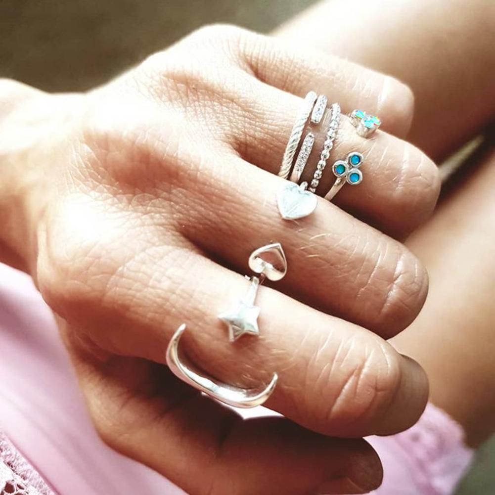 6Pcs Moon Star Heart Open Midi Knuckle Rings Set-Silver