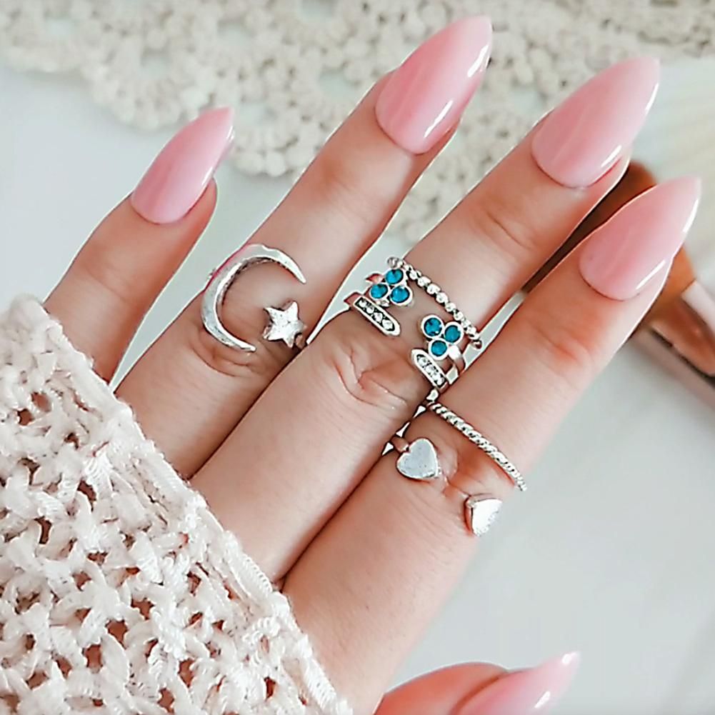 6Pcs Moon Star Heart Open Midi Knuckle Rings Set-Silver