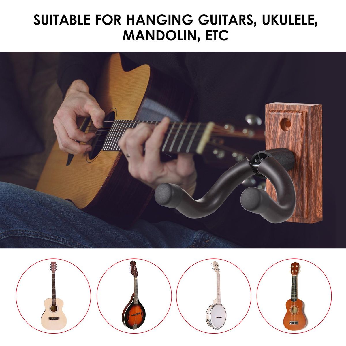 Guitar Wall Mount Hanger Hook Guitar Wall Hook Hanger Solid Sturdy Black Metal Holder Hanger Multifunction Hanger for All Size Acoustic Electric Bass Guitars