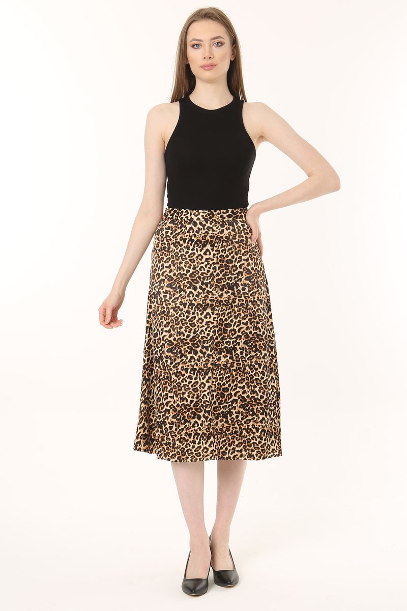 Women Camel Frill Edged Leopard Printed Midi Sateen Skirt